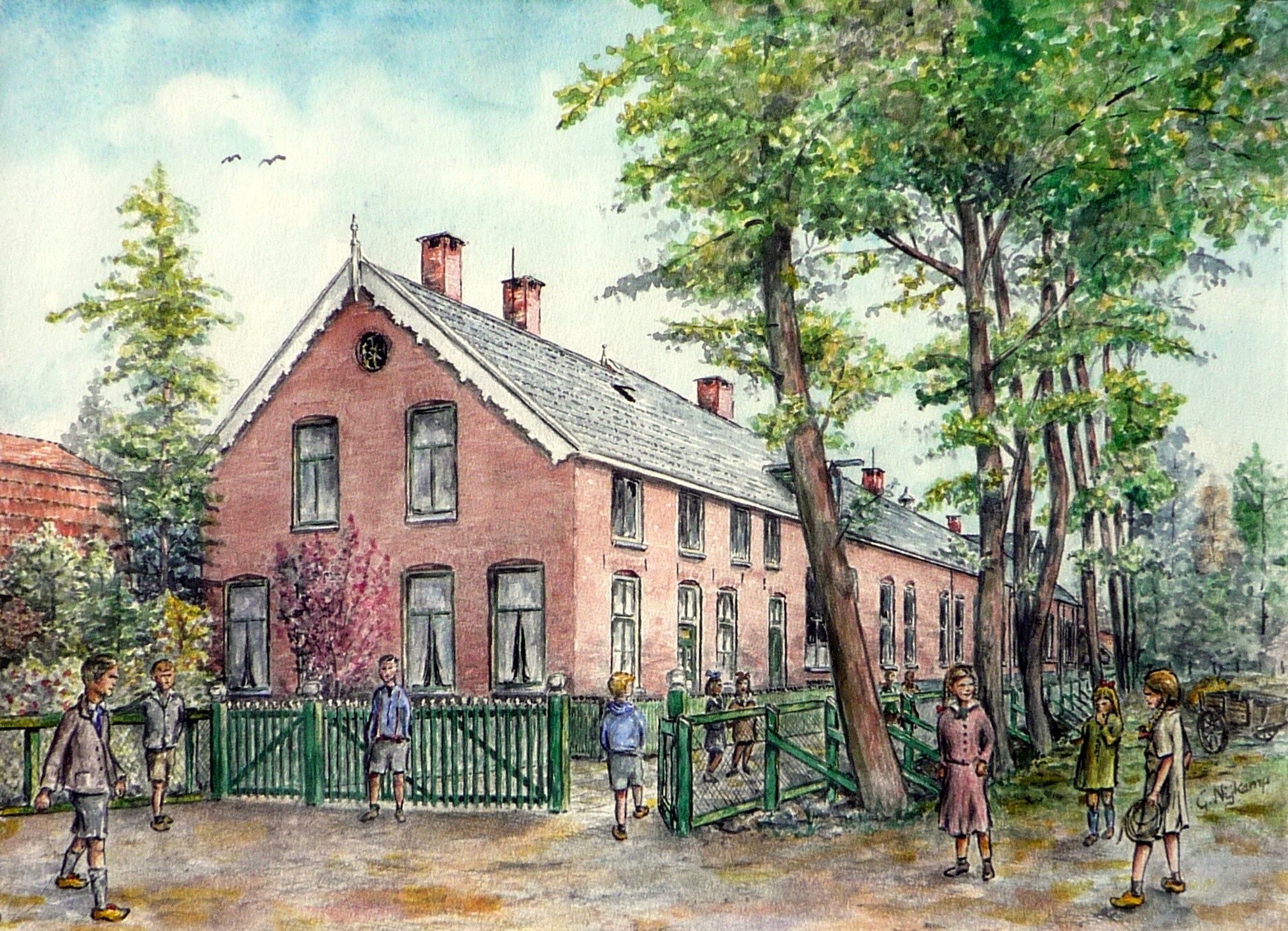 Foto van een aquarel van de Christelijke School Oosteinde (wijk 6-775). Hij herinnert deze school nog van zijn kinderjaren. Het boompje met de rode bladeren, links voor de jongen voor het hek, staat er nog steeds.